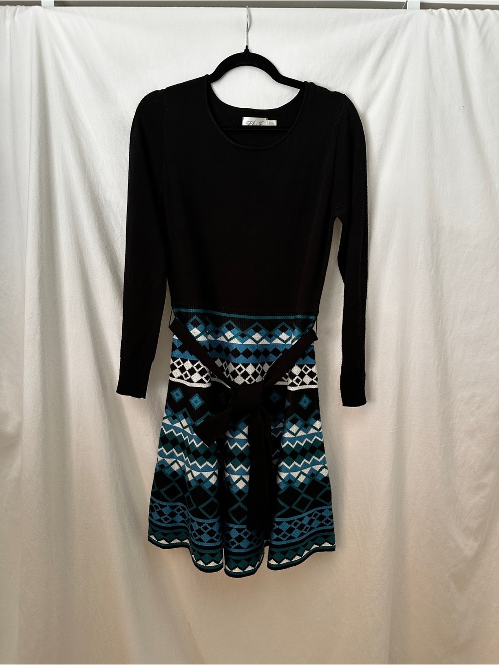 Black & Teal Patterned Sweater Dress with Waist Tie Eliza J Large